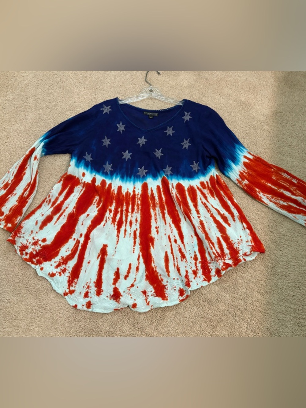 Tie-Dye Star Print Long Sleeve Top - Red, White & Blue